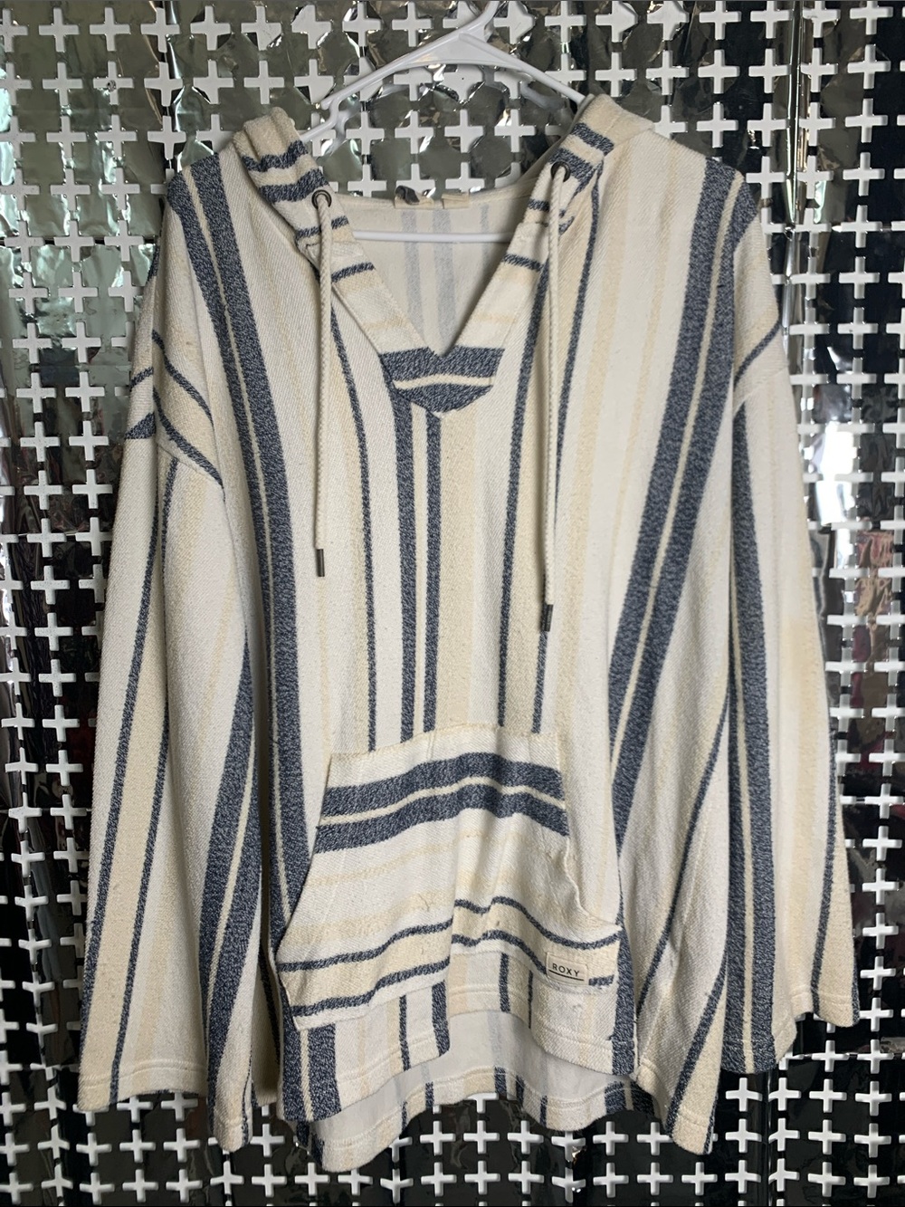 Roxy Cream and Navy Striped Baja Hoodie Poncho